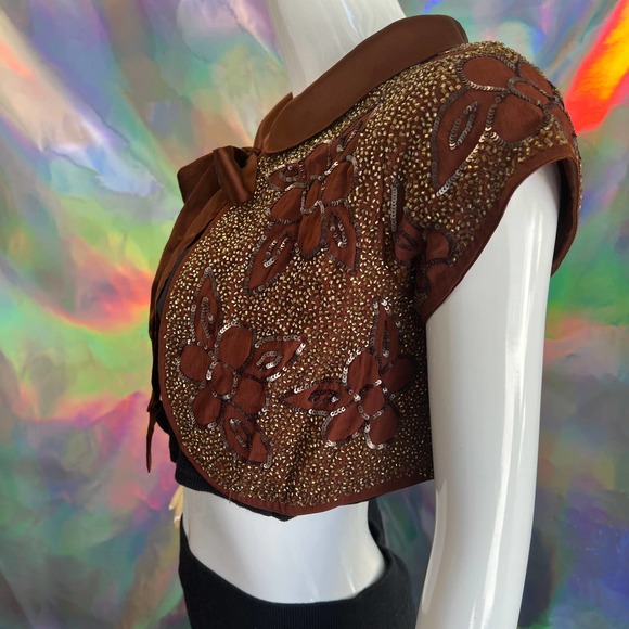 Topshop Brown Sequin and Gold Bead Cropped Shrug - Picture 8 of 12